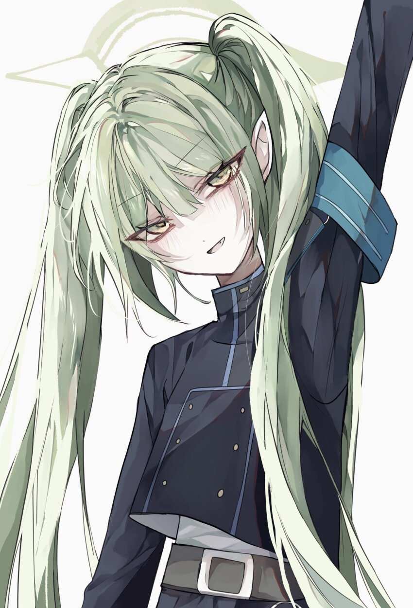 1girl, armband, blue_archive, blue_armband, engmuu_125, fang, green_eyes, green_hair, green_halo, halo, hand_up, highres, long_hair, missing_headwear, nozomi_(blue_archive), pointy_ears, solo, twintails, upper_body
