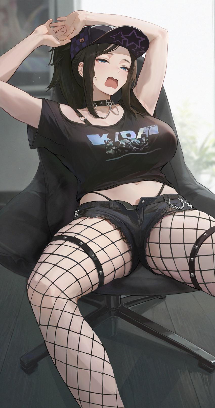 1girl, absurdres, akali, alternate_breast_size_(larger), arms_up, baseball_cap, black_choker, black_hair