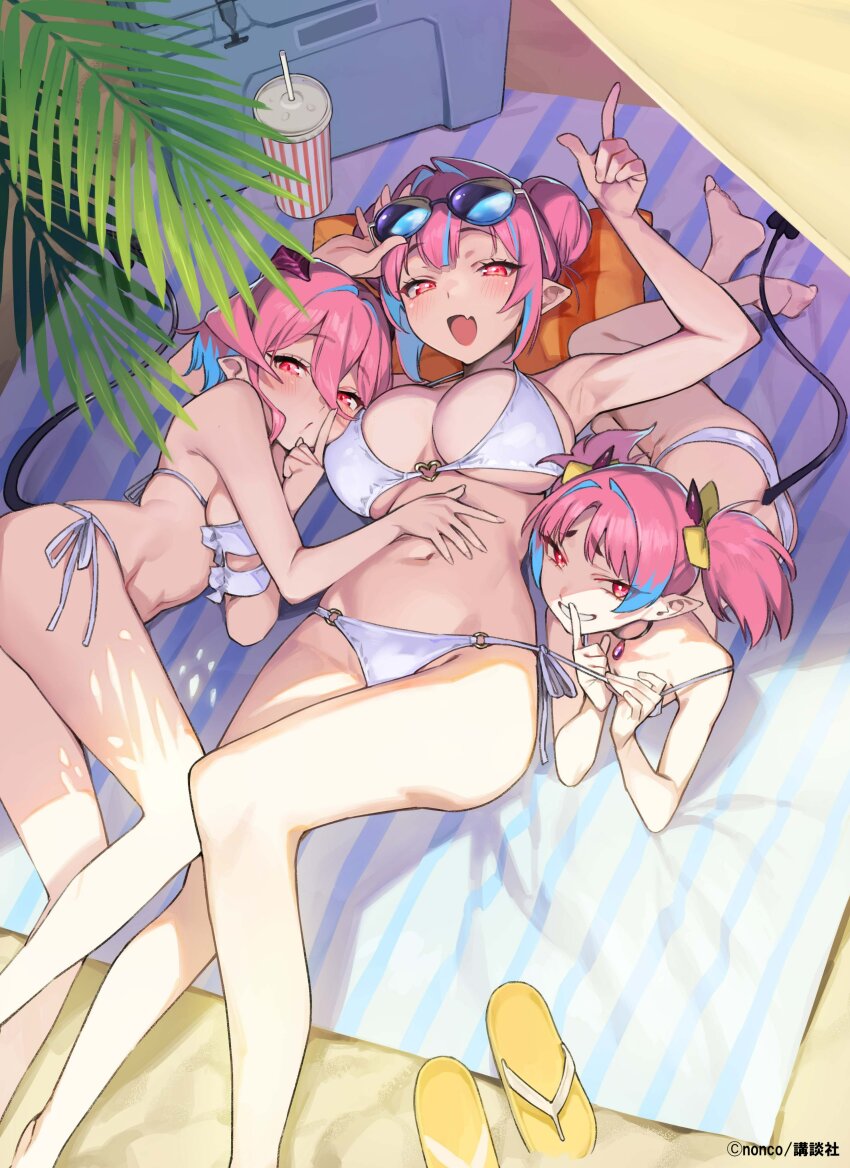 3girls, absurdres, adjusting_eyewear, beach, bikini, blue_hair, blush, breasts, cup, demon_girl, demon_tail, disposable_cup, double_bun, eyewear_on_head, fang, hair_between_eyes, hair_bun, hair_intakes, hand_on_another's_stomach, heart, heart_o-ring, highres, horns, index_finger_raised, kanan-sama_wa_akumade_choroi, kanan_(kanan-sama), large_breasts, looking_at_viewer, lying, medium_breasts, medium_hair, miel_(kanan-sama), miltie_(kanan-sama), multicolored_hair, multiple_girls, navel, nonco, o-ring, o-ring_bikini, official_art, on_back, on_side, open_mouth, pink_eyes, pink_hair, plant, pointy_ears, sandals, siblings, side-tie_bikini_bottom, sisters, skin_fang, small_breasts, smile, stomach, streaked_hair, sunglasses, swimsuit, tail, thighs, twintails, two-tone_hair, unworn_sandals, white_bikini
