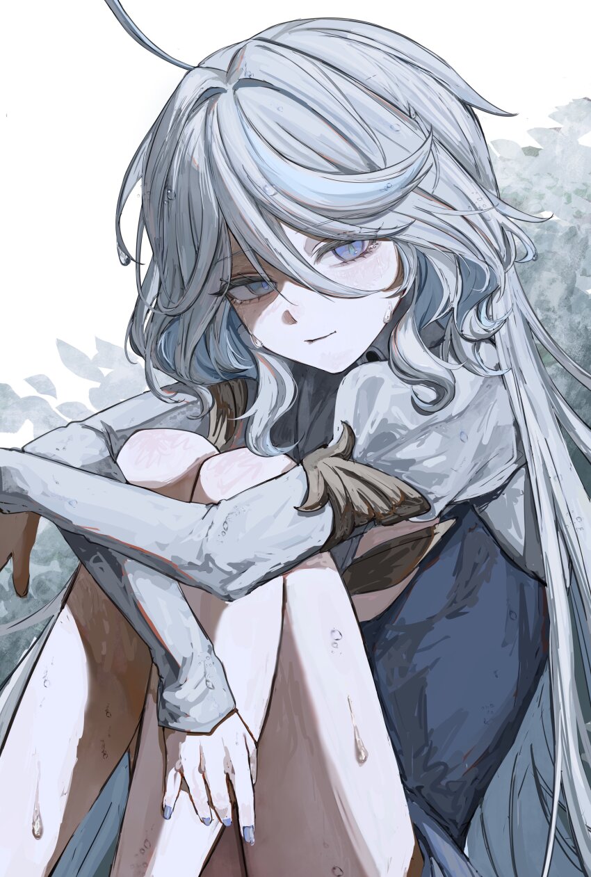 1girl, absurdres, ahoge, bare_legs, blue_eyes, blue_nails, blue_streaks, closed_mouth