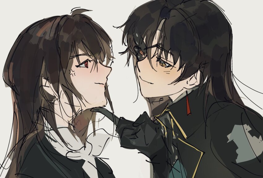 2girls, annoyed, black_gloves, black_hair, black_ibis_(reverse:1999), black_jacket, brown_eyes, brown_hair