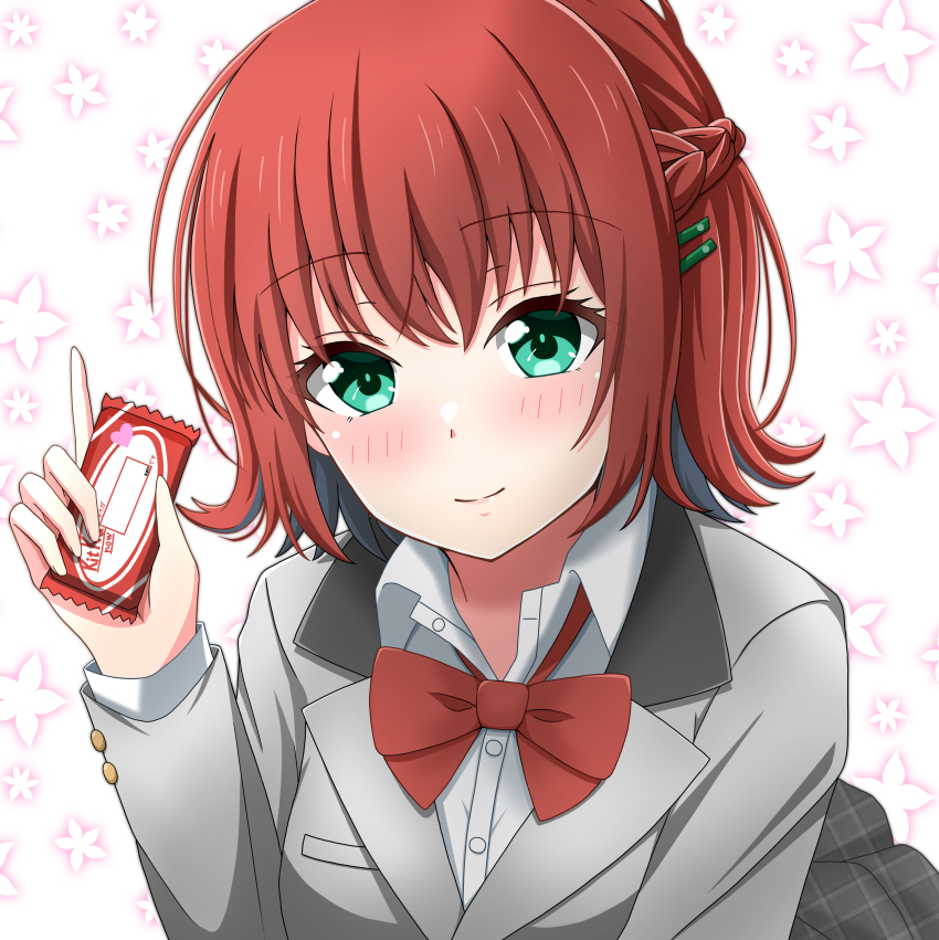 1girl, absurdres, blazer, blush, bow, bowtie, braid, chocolate