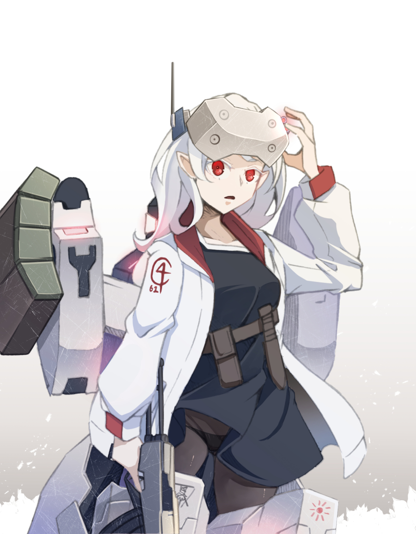 1girl, black_panties, black_pantyhose, breasts, cowboy_shot, dolls_nest, gun, highres, holding, holding_gun, holding_weapon, ikeshiki-chuujou, mecha_musume, medium_breasts, medium_hair, open_mouth, panties, pantyhose, pantyshot, pointy_ears, red_eyes, seedling_(dolls_nest), trigger_discipline, underwear, weapon, white_hair