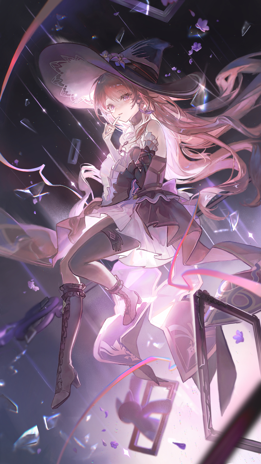 1girl, absurdres, asymmetrical_footwear, back_bow, bare_shoulders, black_boots, black_dress, black_hat, blinklikeer, boots, bow, brown_hair, detached_sleeves, dress, eyelashes, finger_to_mouth, floating_hair, flower, frilled_sleeves, frills, full_body, glass_shards, grey_pantyhose, hat, hat_flower, herta_(honkai:_star_rail), high_heel_boots, high_heels, highres, honkai:_star_rail, honkai_(series), knee_boots, long_hair, long_sleeves, looking_at_viewer, pantyhose, parted_lips, purple_bow, purple_eyes, purple_flower, purple_hat, smile, solo, the_herta_(honkai:_star_rail), thigh_strap, uneven_footwear, very_long_hair, wide_sleeves, witch_hat