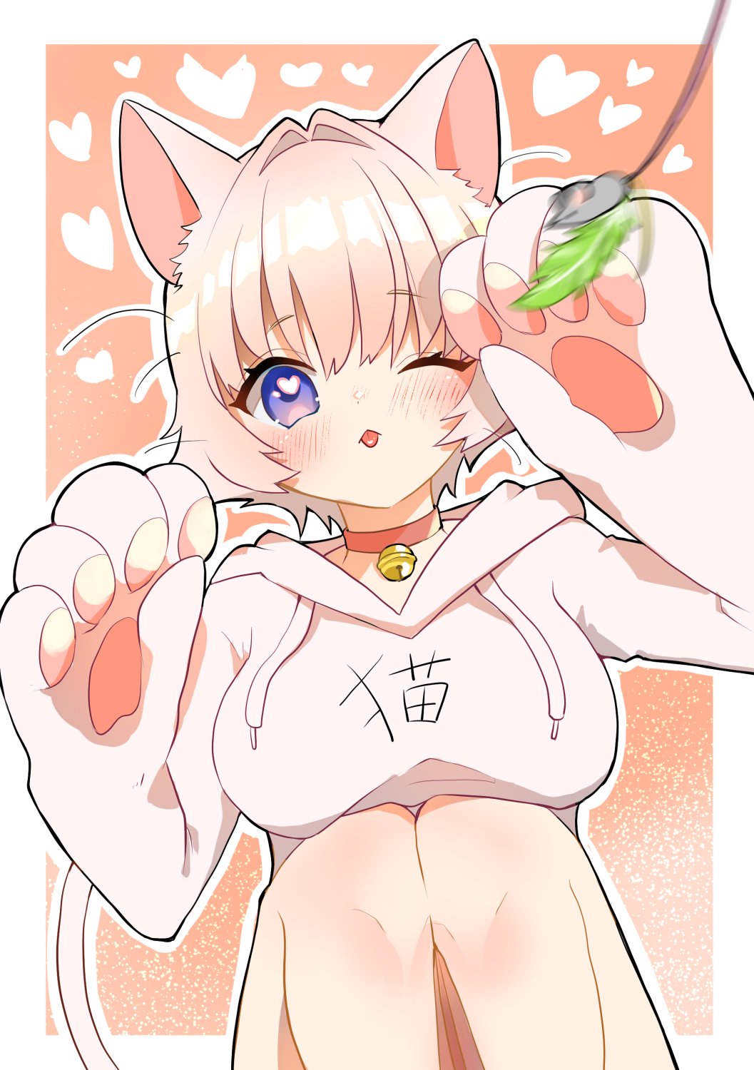 1girl, :3, animal_ears, animal_hands, bell, blue_eyes, blush, breasts