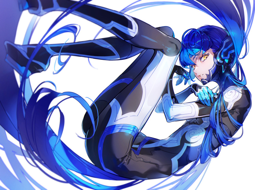 1boy, absurdres, androgynous, armor, blue_bodysuit, blue_hair, bodysuit, commentary_request
