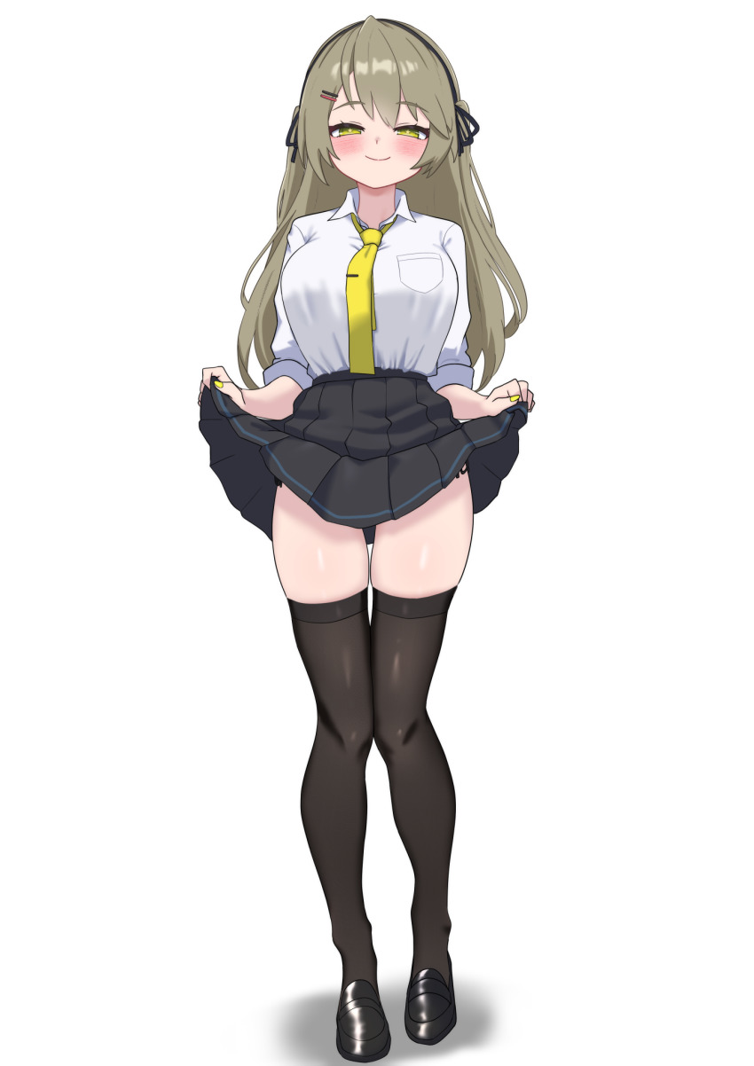 1girl, alternate_costume, black_hairband, black_shoes, black_skirt, black_thighhighs, blush, breasts