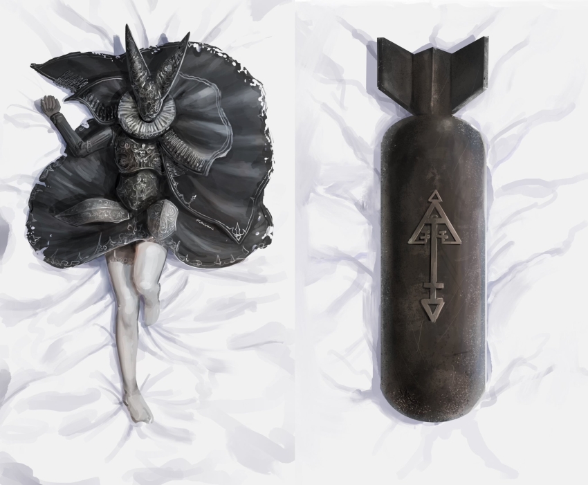 1girl, ammunition, artillery_shell, artillery_witch, black_cape, black_capelet, black_dress, cape, capelet, collar, dakimakura_(medium), dress, explosive, fallenspherell, frilled_collar, frills, garter_straps, helmet, highres, long_sleeves, lying, on_back, thighhighs, trench_crusade, white_garter_straps, white_thighhighs, witch