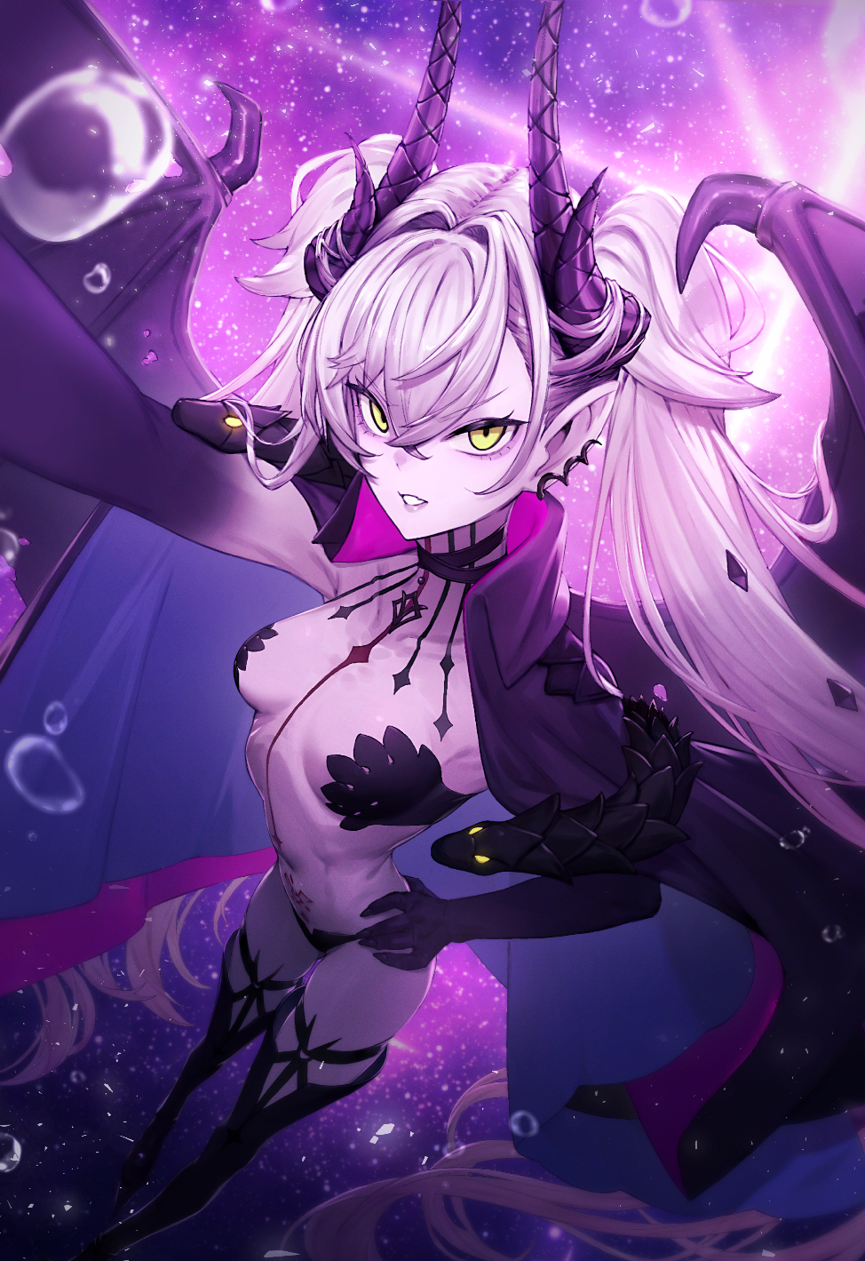 1girl, bat_wings, black_cloak, black_hands, body_markings, breasts, cleavage, cloak