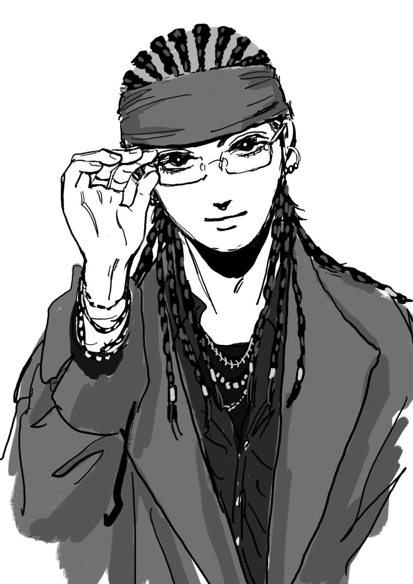 1boy, adam's_apple, adjusting_eyewear, bandana, bracelet, collared_shirt, cornrows, cropped_shoulders