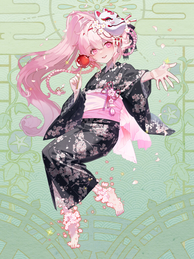 1girl, barefoot, black_kimono, braid, candy_apple, dairoku_ryouhei, floral_print, floral_print_kimono, flower, food, fox_mask, full_body, green_background, happy, haruhi_sakura, holding_candy_apple, holding_food, japanese_clothes, kimono, long_hair, mask, mask_on_head, obi, oomizuao, outstretched_hand, petals, pink_eyes, pink_hair, print_kimono, sash, smile, solo, wide_sleeves
