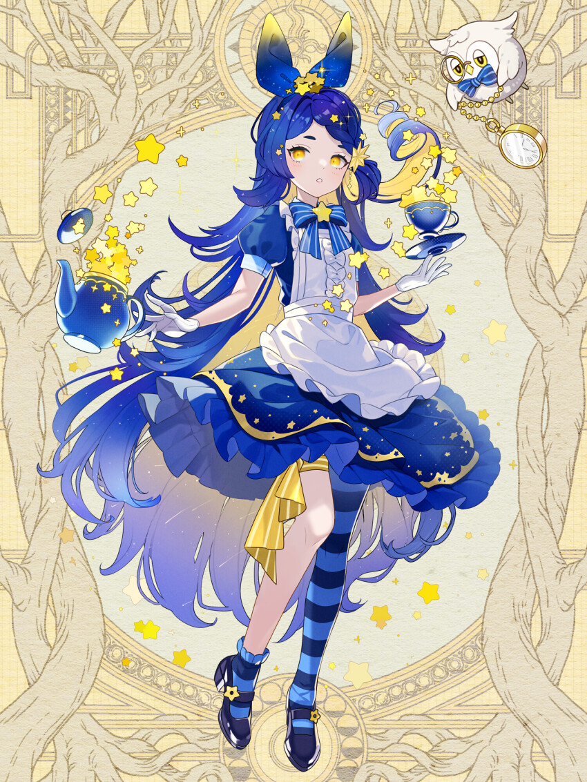 1girl, apron, bird, black_shoes, blue_bow, blue_bowtie, blue_dress, blue_hair