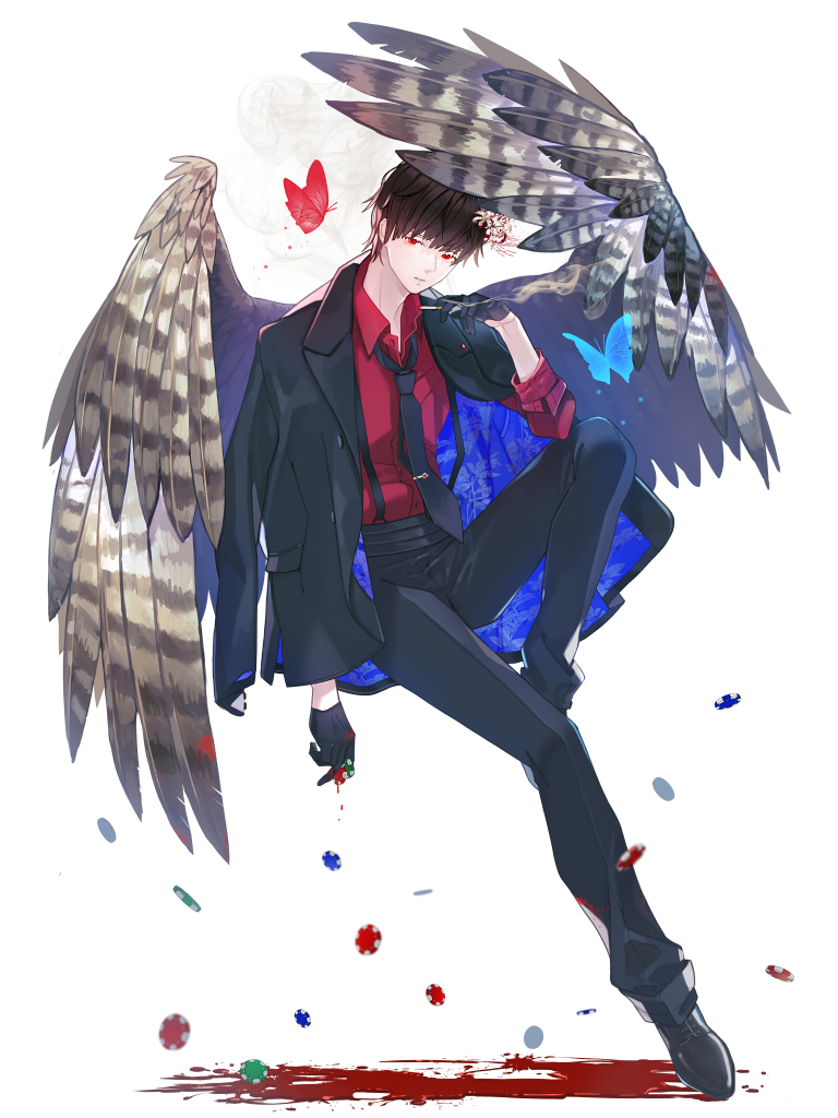 1boy, black_gloves, black_jacket, black_necktie, black_pants, black_shoes, blood, blood_on_gloves