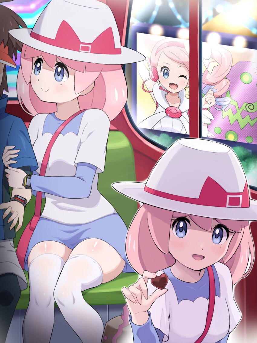 1boy, 1girl, absurdres, bag, blue_eyes, blue_jacket, blue_skirt, blush