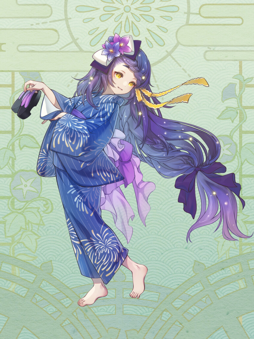 1girl, barefoot, black_hair, blue_kimono, bow, braid, copyright_name, dairoku_ryouhei