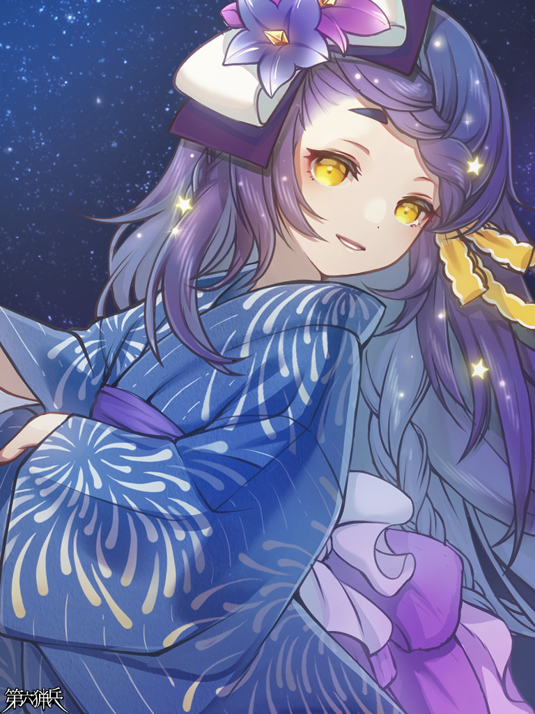 1girl, black_hair, blue_kimono, bow, braid, copyright_name, dairoku_ryouhei, fille_meruku