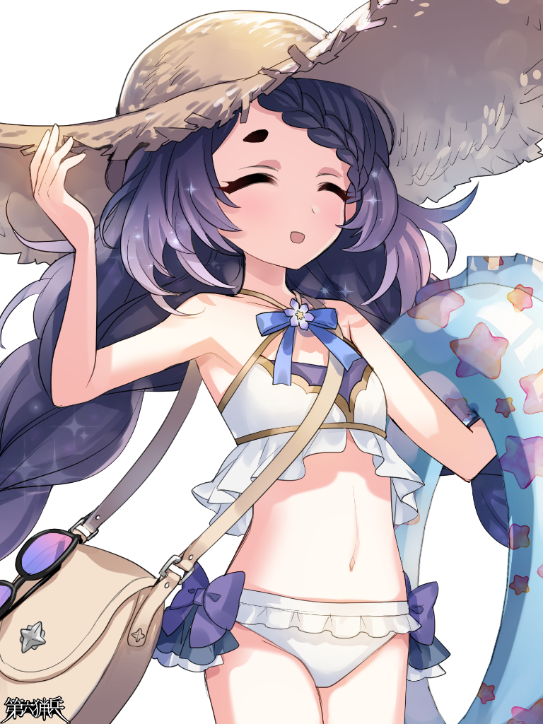 1girl, bag, bikini, black_hair, bow, braid, closed_eyes, copyright_name, dairoku_ryouhei, facing_viewer, fille_meruku, flat_chest, frilled_bikini, frills, handbag, hat, holding, holding_swim_ring, innertube, long_hair, navel, purple_bow, smile, solo, standing, straw_hat, sun_hat, sunglasses, swim_ring, swimsuit, takase_ao, unworn_eyewear, very_long_hair, white_background, white_bikini