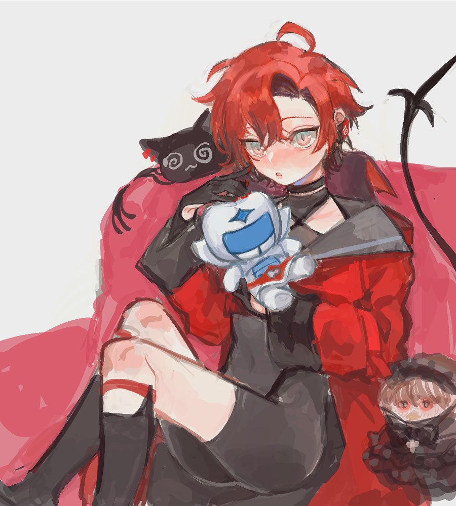 1boy, ahoge, black_choker, black_gloves, blush, character_doll, choker, commentary, dentman, doll, earpiece, english_commentary, furby, gloves, grey_background, hair_between_eyes, holostars, holostars_english, jacket, koukuu_senshi_dentman, legwear_garter, looking_at_viewer, machina_x_flayon, machina_x_flayon_(1st_costume), machiroon_(machina_x_flayon), male_focus, mechanical_tail, open_mouth, red_hair, red_jacket, short_hair, side_part, sitting, slit_pupils, solo_focus, tail, tunainon, virtual_youtuber