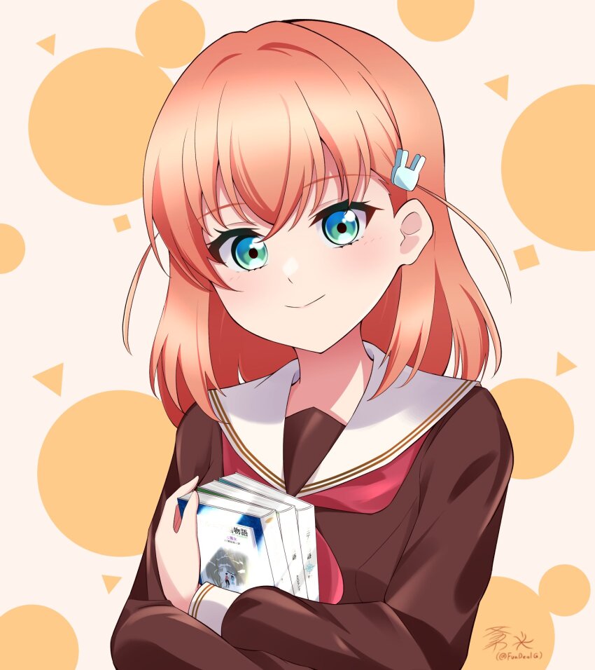 1girl, aqua_eyes, blush, book, brown_dress, closed_mouth, commentary, dress