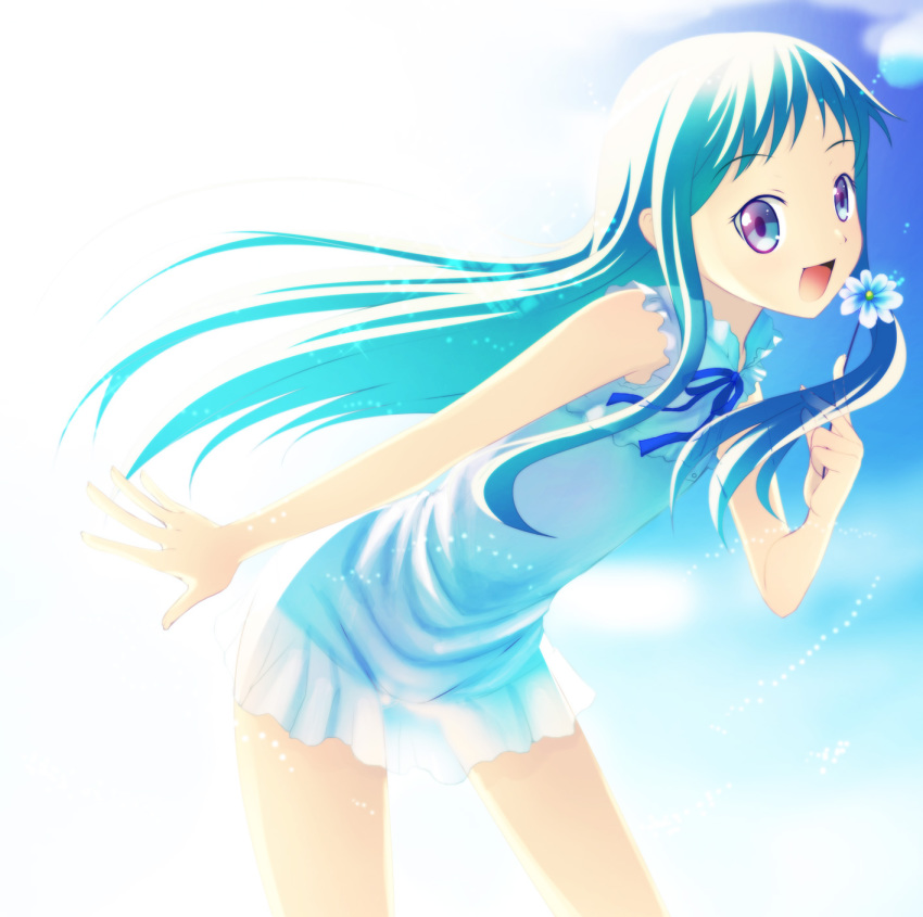 10s, 1girl, ano_hi_mita_hana_no_namae_wo_bokutachi_wa_mada_shiranai., blue_eyes, female_focus, flower, gradient_background, highres