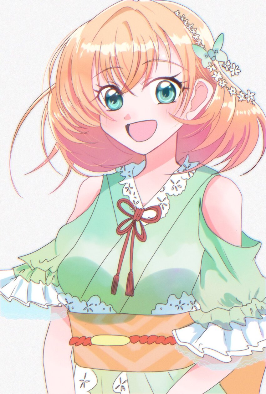 1girl, aoku_haruka, bare_shoulders, bow, clothing_cutout, commentary_request, flower_knot, green_bow