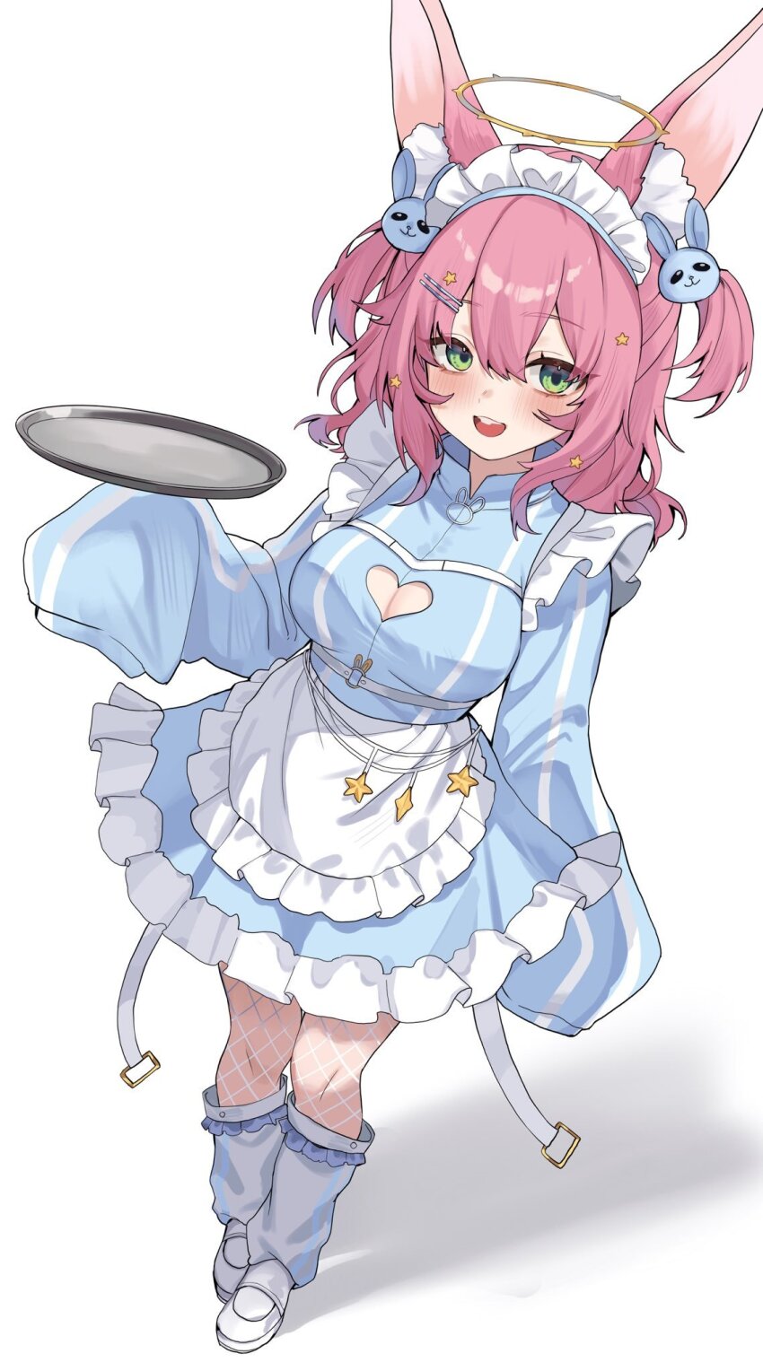 1girl, animal_ears, apron, blue_dress, breasts, cleavage, cleavage_cutout, clothing_cutout