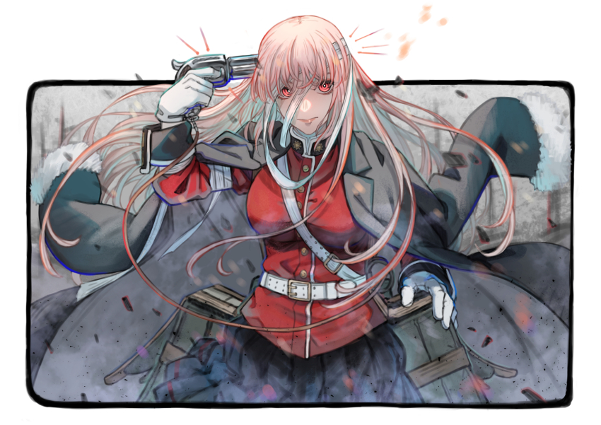 1girl, between_breasts, black_coat, black_skirt, breasts, coat, coat_on_shoulders, fate/grand_order, fate_(series), florence_nightingale_(fate), florence_nightingale_(third_ascension)_(fate), gloves, gun, gun_to_head, highres, holding, holding_gun, holding_weapon, jacket, large_breasts, long_hair, long_sleeves, looking_at_viewer, military_uniform, pepperbox_revolver, pink_hair, pleated_skirt, red_eyes, red_jacket, skirt, solo, strap_between_breasts, very_long_hair, weapon, white_gloves, woong.i