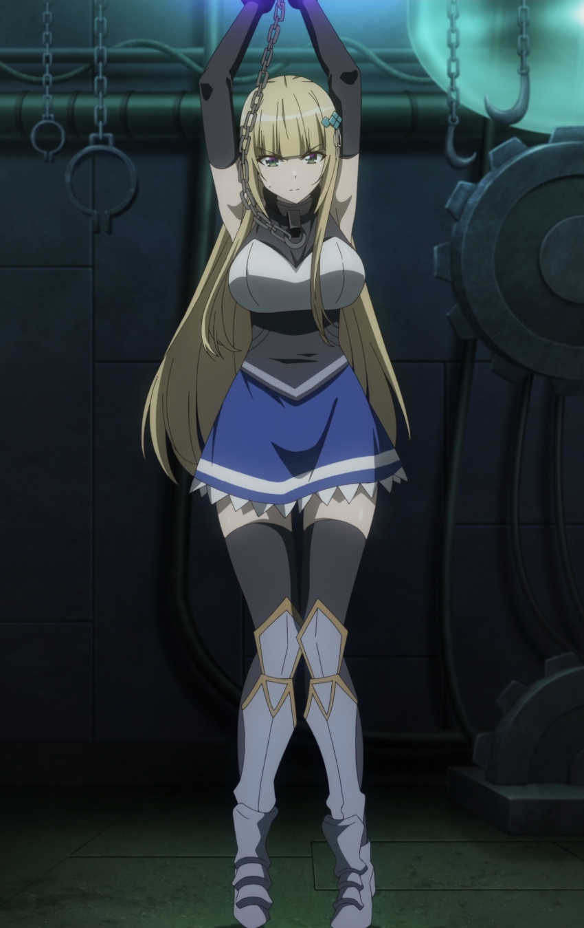 1girl, absurdres, angry, anime_screenshot, armor, armpits, arms_up, blonde_hair