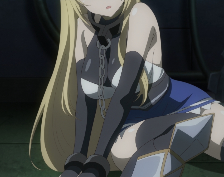 1girl, anime_screenshot, arm_support, armor, blonde_hair, breasts, chain, chained