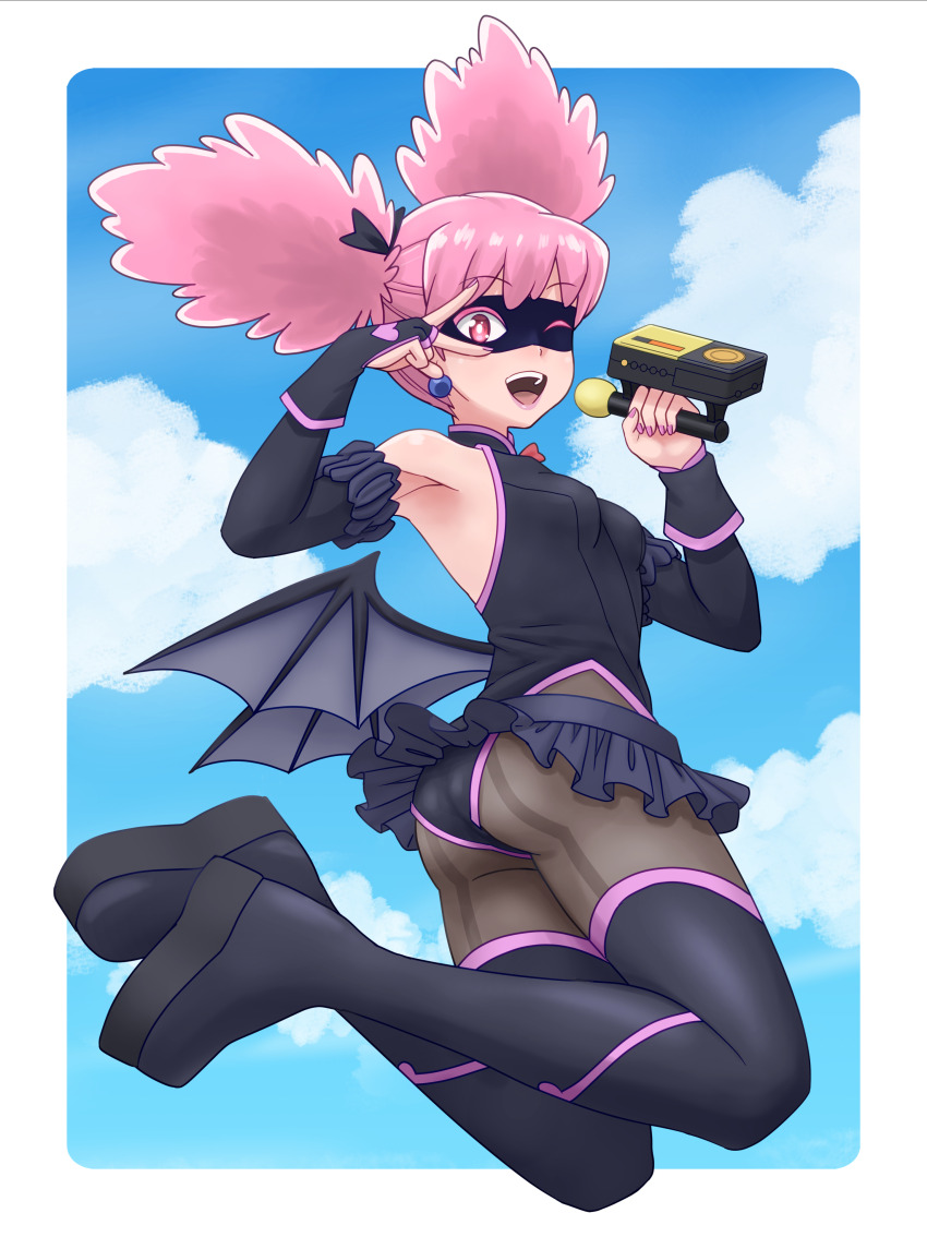 1girl, absurdres, back-seamed_legwear, black_boots, black_gloves, black_leotard, black_skirt, blue_sky, boku_no_hero_academia, boots, bridal_gauntlets, cloud, cloudy_sky, earrings, elbow_rest, eye_mask, from_side, funoki, gloves, grey_pantyhose, hair_ribbon, haneyama_kazuho, highres, holding, holding_microphone, jewelry, jumping, legs_up, leotard, looking_at_viewer, looking_back, lowleg, lowleg_skirt, mask, medium_hair, microphone, microskirt, pantyhose, pink_eyes, pink_hair, pleated_skirt, ribbon, seamed_legwear, skirt, sky, sleeveless, solo, thigh_boots, twintails, v, v_over_eye, vigilante_-boku_no_hero_academia:_illegals-