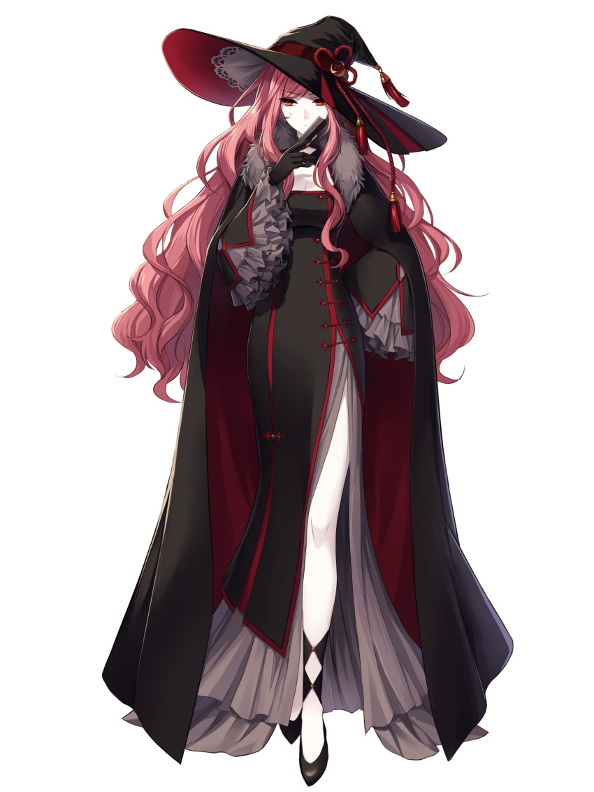 1girl, black_cloak, black_dress, black_gloves, black_hat, black_shoes, breasts, chain_paradox