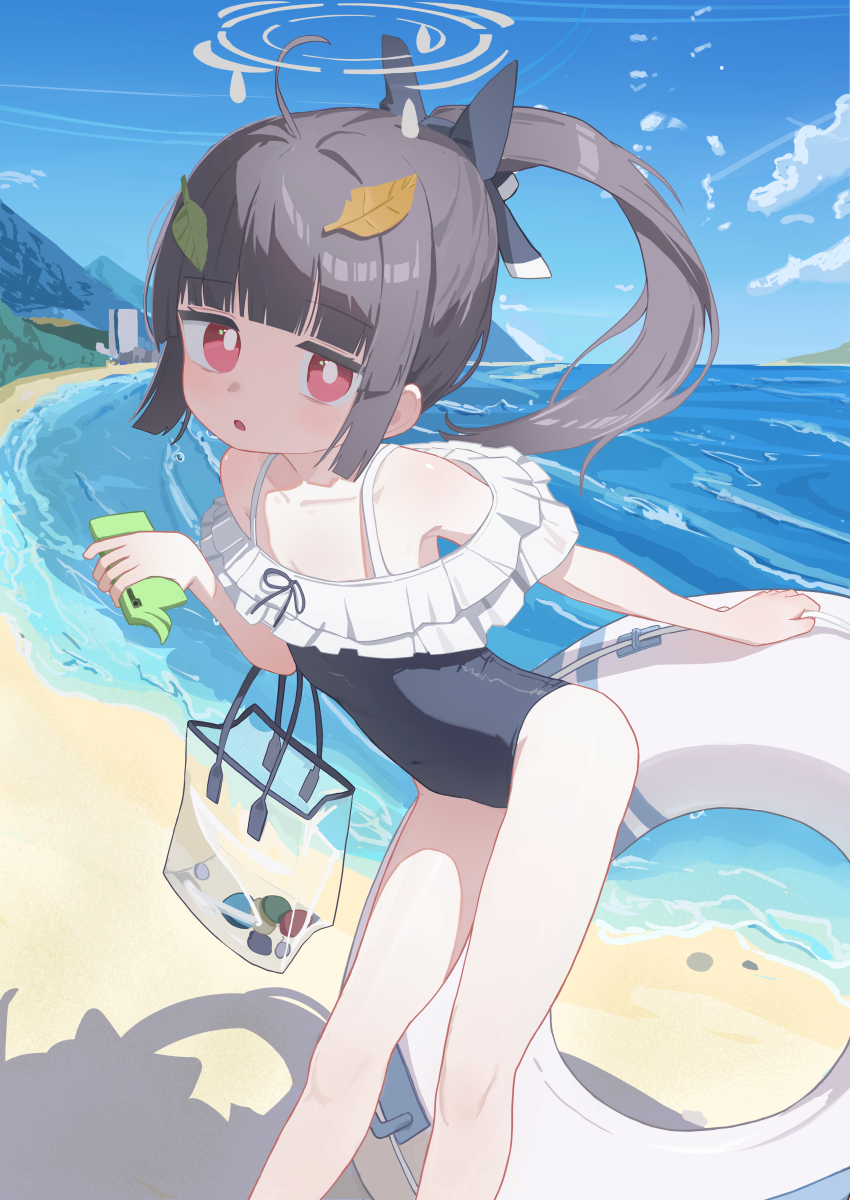 1girl, absurdres, beach, black_hair, blue_archive, blue_one-piece_swimsuit, casual_one-piece_swimsuit, commentary