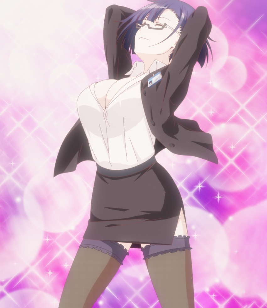 1girl, absurdres, anime_screenshot, arms_behind_head, breasts, bursting_breasts, cleavage, closed_eyes, formal_clothes, glasses, highres, large_breasts, legs, nias_carlin, office_lady, open_clothes, ore_wa_seikan_kokka_no_akutoku_ryoushu!, purple_hair, short_hair, skirt, smile, solo, stitched, thighs, third-party_edit