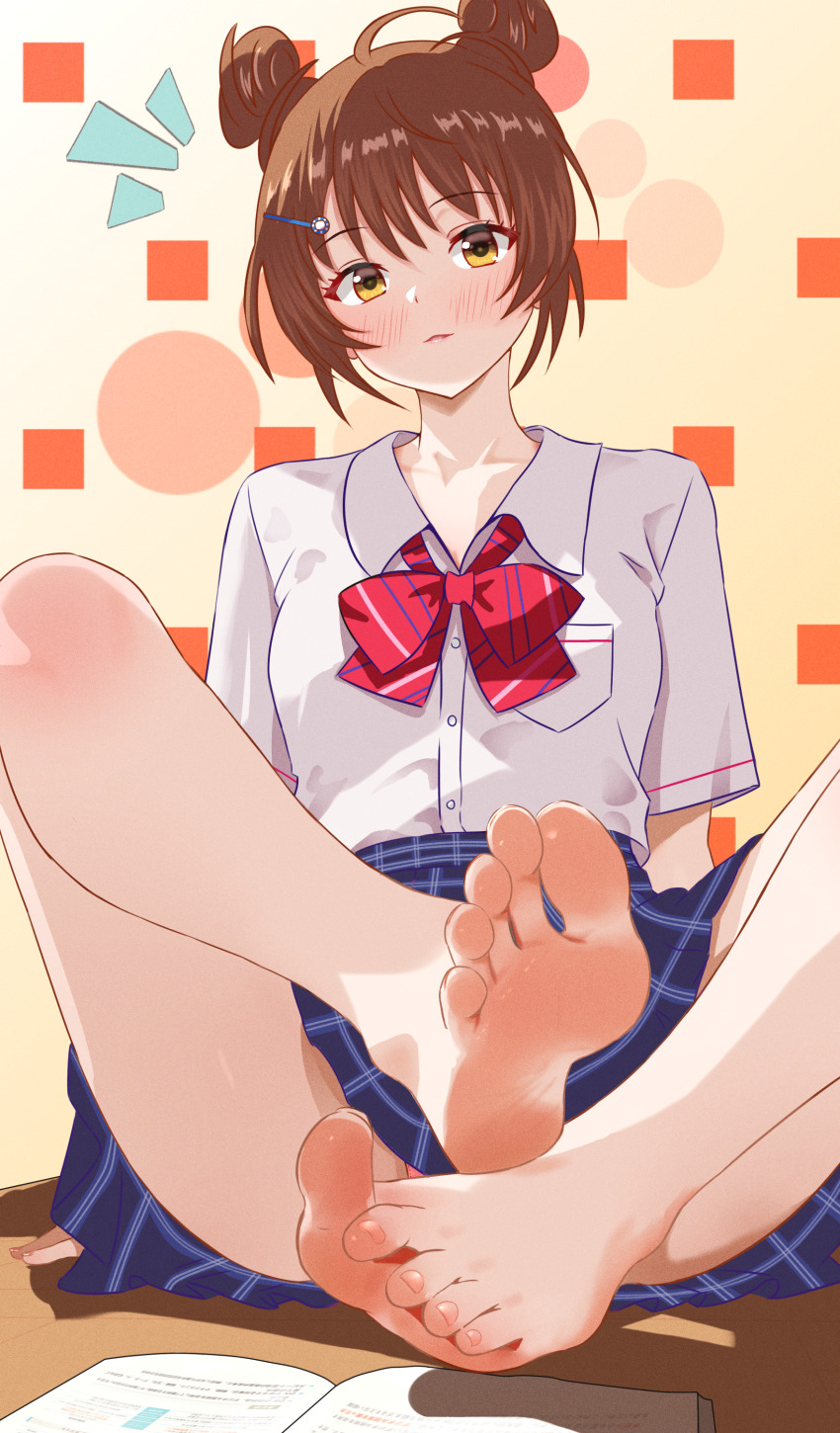 1girl, absurdres, barefoot, blush, brown_hair, double_bun, feet, hair_bun