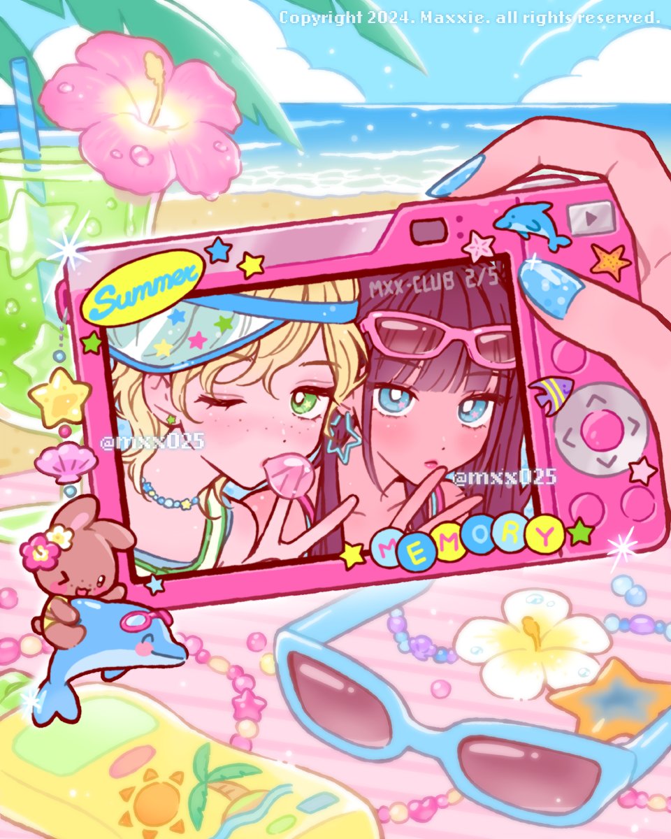 2girls, beach, bead_charm, bead_necklace, beads, blonde_hair, blue_nails, brown_hair