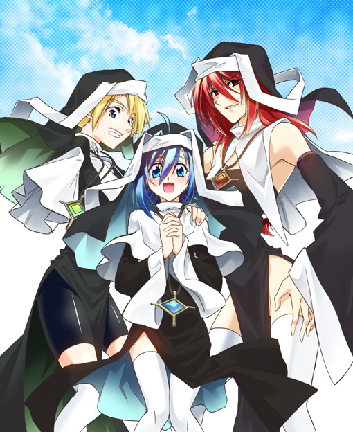 10s, 3boys, ahoge, androgynous, battle_sister_(cosplay), bike_shorts, blonde_hair, blue_eyes, blue_hair, blush, cardfight!!_vanguard, cosplay, crossdressing, crossdressing_(mtf), grin, habit, jewelry, long_hair, male_focus, miwa_taishi, multiple_boys, necklace, nun, open_mouth, red_eyes, red_hair, sendou_aichi, short_hair, smile, suzugamori_ren, thighhighs, trap, white_legwear