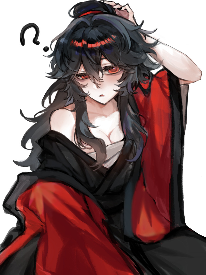 1girl, ?, arm_up, bandaged_chest, black_hair, black_hanfu, blush, breasts, chest_sarashi, chinese_clothes, chinese_commentary, cleavage, coat, coat_partially_removed, collarbone, dao_gui_yi_xian, eyelashes, genderswap, genderswap_(mtf), hair_between_eyes, hair_bun, half-closed_eye, hand_on_own_head, hanfu, highres, jingzizi052, li_huowang, long_hair, long_sleeves, looking_at_viewer, medium_breasts, messy_hair, off_shoulder, open_clothes, open_coat, open_mouth, parted_lips, red_coat, red_eyes, robe, robe_partially_removed, sarashi, simple_background, single_bare_shoulder, single_hair_bun, sitting, solo, torn_clothes, white_background, wide_sleeves