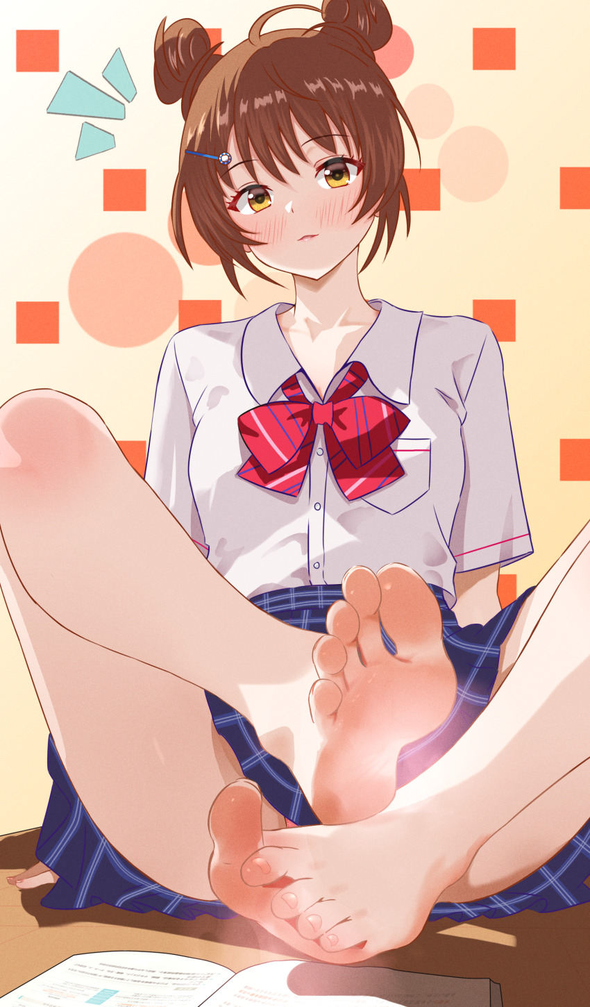 1girl, absurdres, barefoot, blush, brown_hair, double_bun, feet, hair_bun