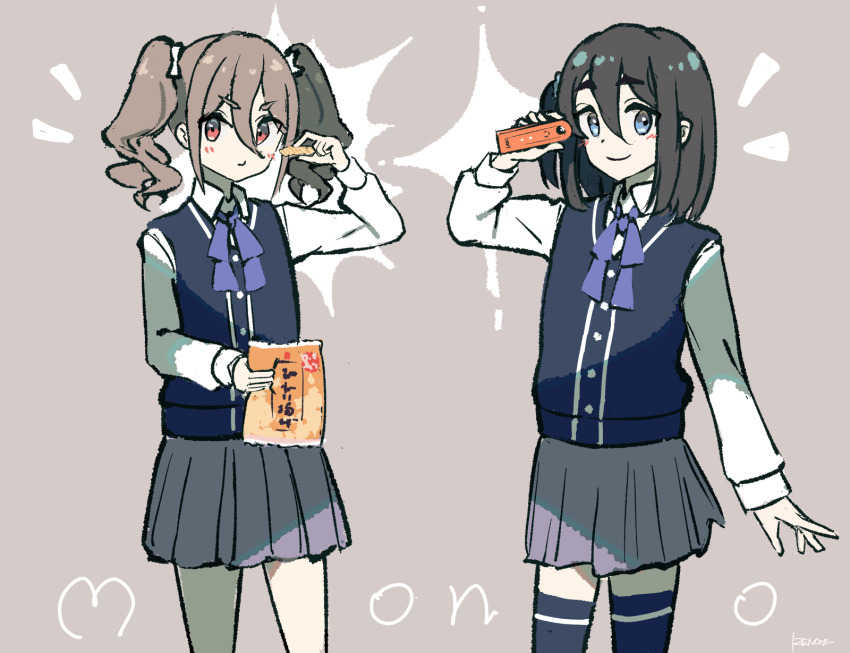 2girls, amamiya_satsuki_(mono), black_hair, blue_eyes, blue_ribbon, blue_vest, blush, closed_mouth