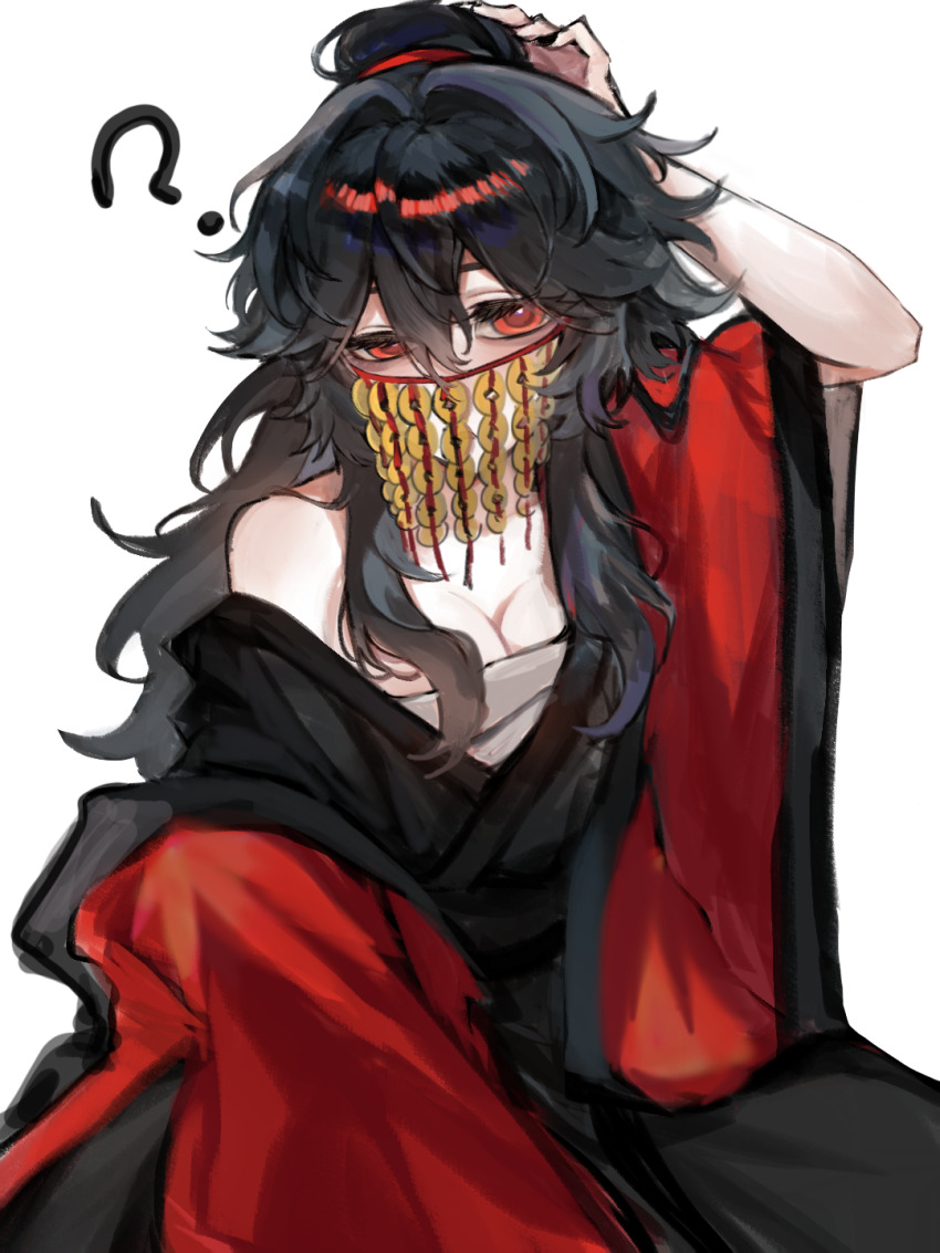 1girl, ?, arm_up, bandaged_chest, black_hair, black_hanfu, breasts, chest_sarashi, chinese_clothes, chinese_commentary, cleavage, coat, coat_partially_removed, coin, coin_mask, coin_on_string, covered_mouth, dao_gui_yi_xian, eyelashes, genderswap, genderswap_(mtf), hair_between_eyes, hair_bun, half-closed_eye, hand_on_own_head, hanfu, highres, holed_coin, jingzizi052, li_huowang, long_hair, long_sleeves, looking_at_viewer, mask, medium_breasts, messy_hair, mouth_veil, off_shoulder, open_clothes, open_coat, red_coat, red_eyes, robe, robe_partially_removed, sarashi, simple_background, single_bare_shoulder, single_hair_bun, sitting, solo, torn_clothes, veil, white_background, wide_sleeves