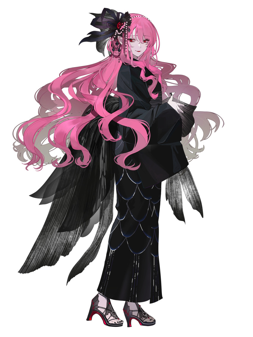 1girl, ame_tyaya, black_nails, chain_paradox, full_body, hair_ornament, high_heels, highres, jewelry, lipstick, long_hair, looking_at_viewer, luna_candatura, makeup, open-toe_shoes, pink_hair, red_eyes, solo, standing, transparent_background, wide_sleeves