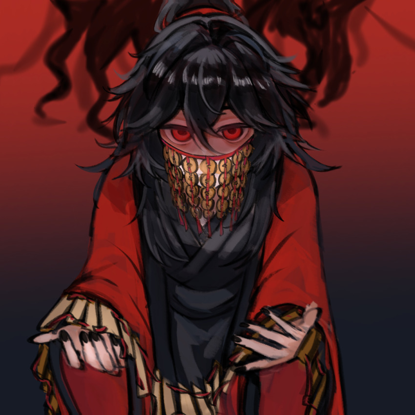 1boy, bags_under_eyes, bamboo_slips, black_background, black_hair, black_hanfu, black_nails, chinese_clothes