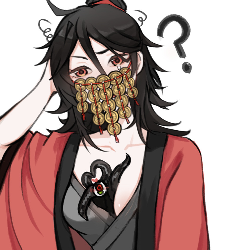 1girl, ?, ahoge, arm_behind_head, between_breasts, black_hair, black_hanfu, breasts