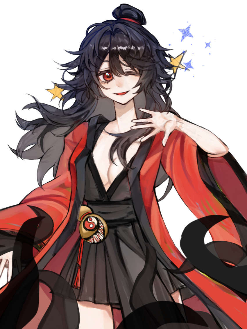 1girl, bare_legs, black_dress, black_hair, black_hanfu, breasts, chinese_clothes, chinese_commentary