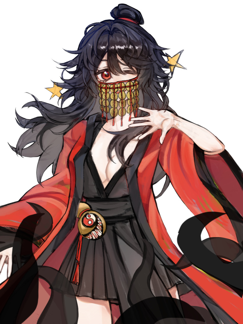 1girl, bare_legs, black_dress, black_hair, black_hanfu, breasts, chinese_clothes, chinese_commentary