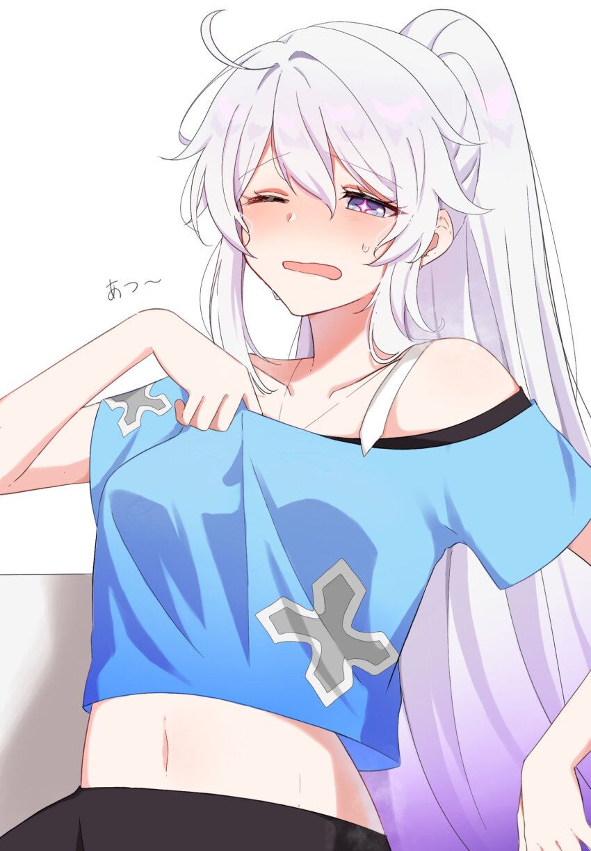 1girl, ahoge, blue_eyes, blue_shirt, breasts, half-closed_eyes, high_ponytail, highres