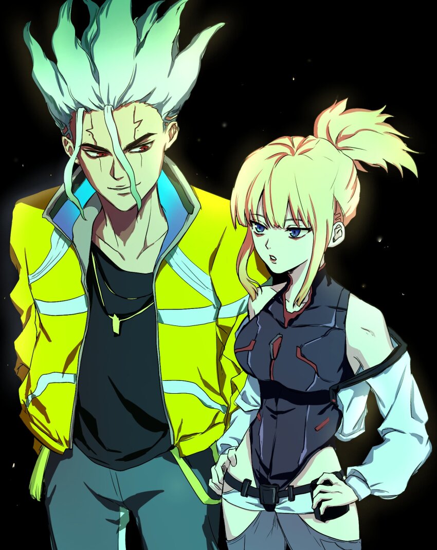 1boy, 1girl, cosplay, cyberpunk_(series), cyberpunk:_edgerunners, david_martinez, david_martinez_(cosplay), dr._stone