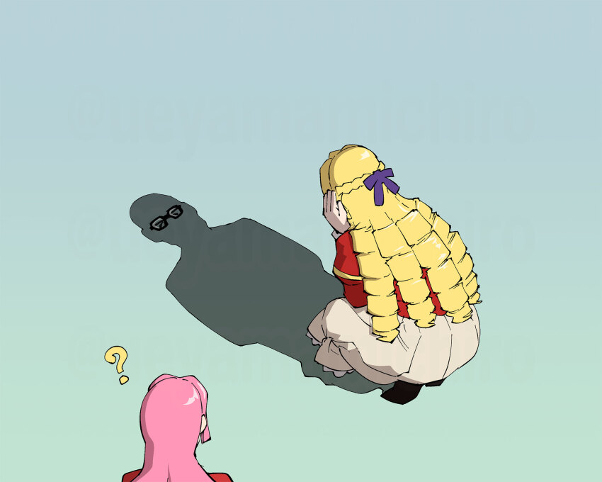 2girls, ?, akuyaku_reijou_tensei_ojisan, anna_doll, blonde_hair, brown_skirt, cat_shadow_puppet_(meme), glasses