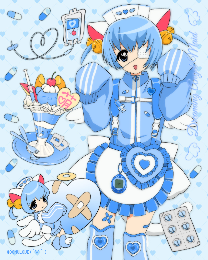 1girl, 2000s_(style), angel_wings, animal_ears, apron, bell, blood, blood_bag