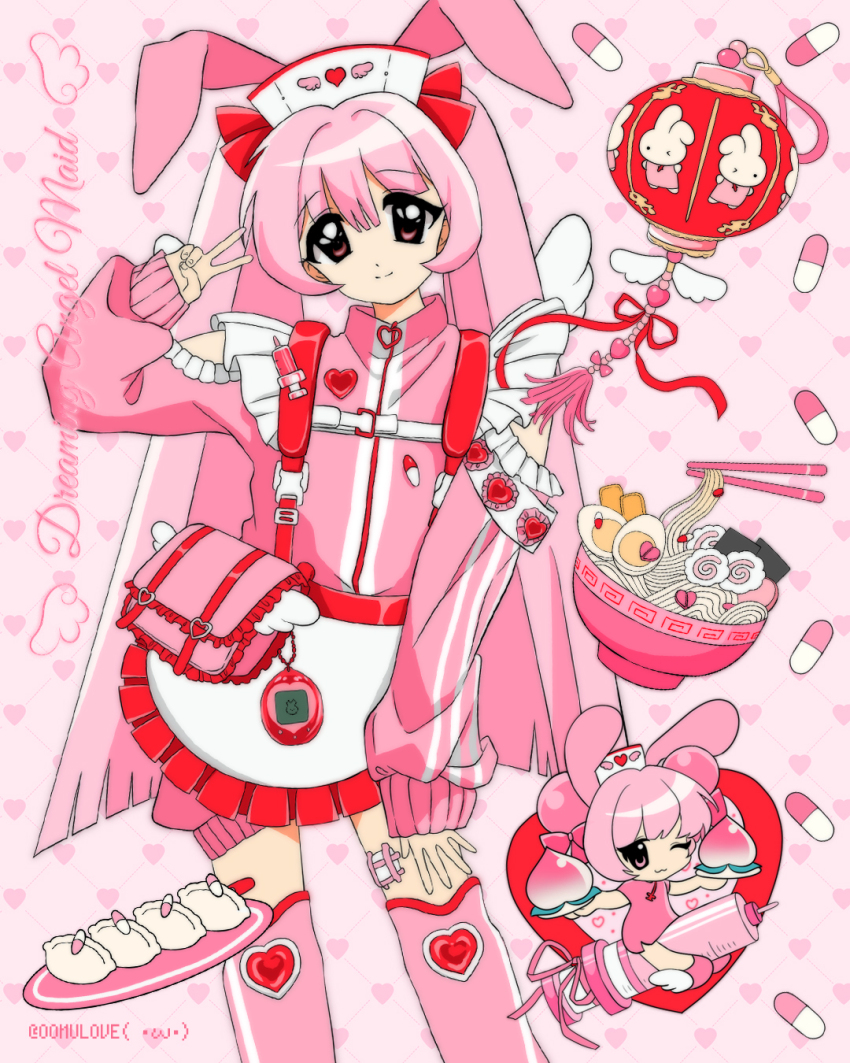 1girl, 2000s_(style), animal_ears, apron, chibi, commentary, fashion, faux_retro_artstyle